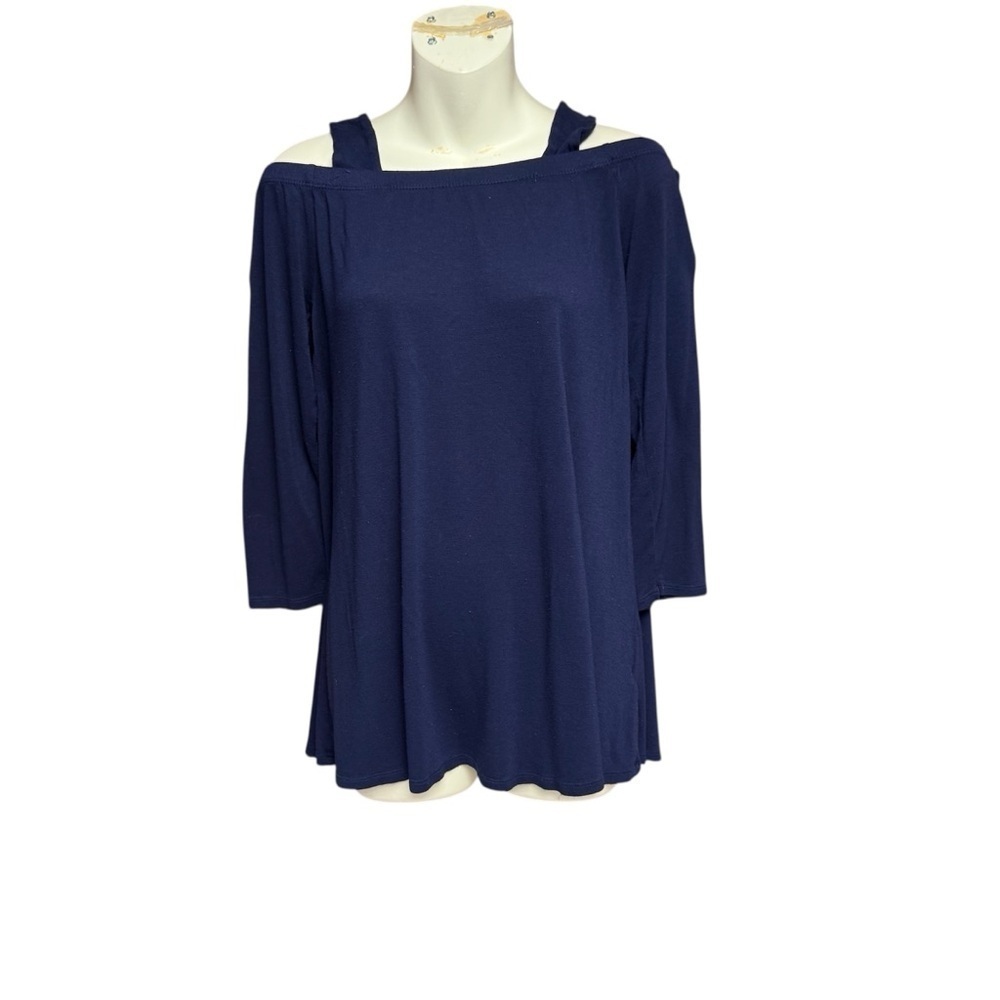 Avon size small (4-6) Navy Blue 3/4 Sleeve Relaxed Tunic Blouse off shoulder
